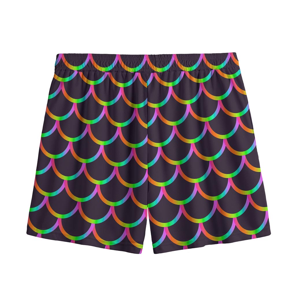 Black Mermaid Scales Pattern Print Mesh Shorts