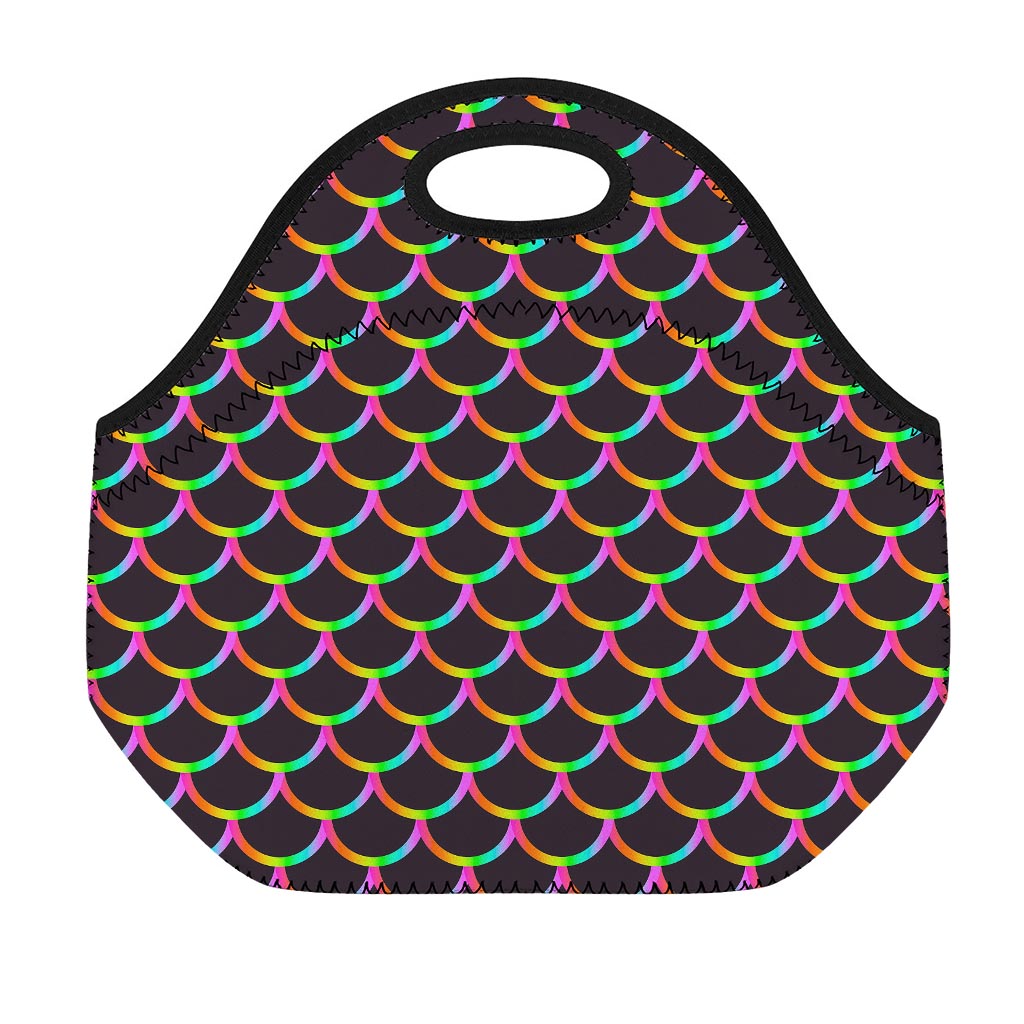Black Mermaid Scales Pattern Print Neoprene Lunch Bag