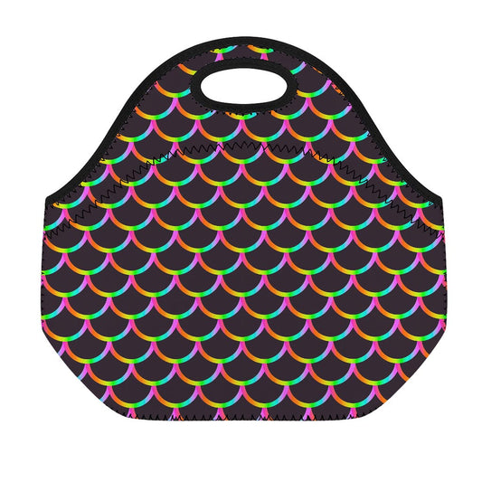 Black Mermaid Scales Pattern Print Neoprene Lunch Bag
