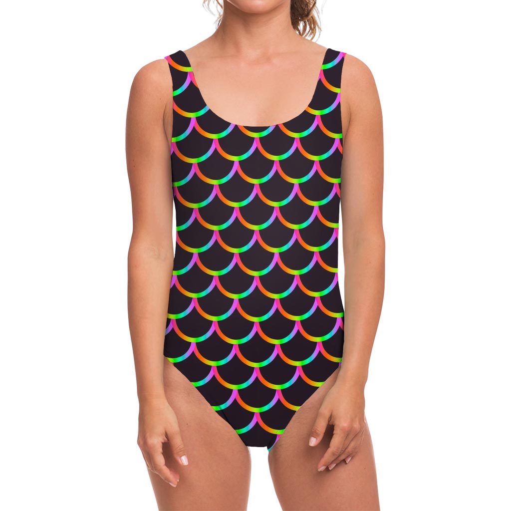 Black Mermaid Scales Pattern Print One Piece Swimsuit