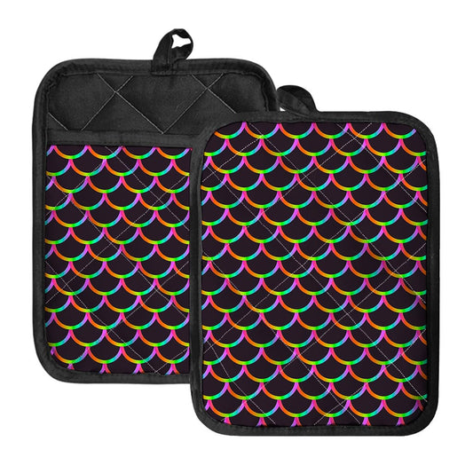 Black Mermaid Scales Pattern Print Pot Holders With Pocket
