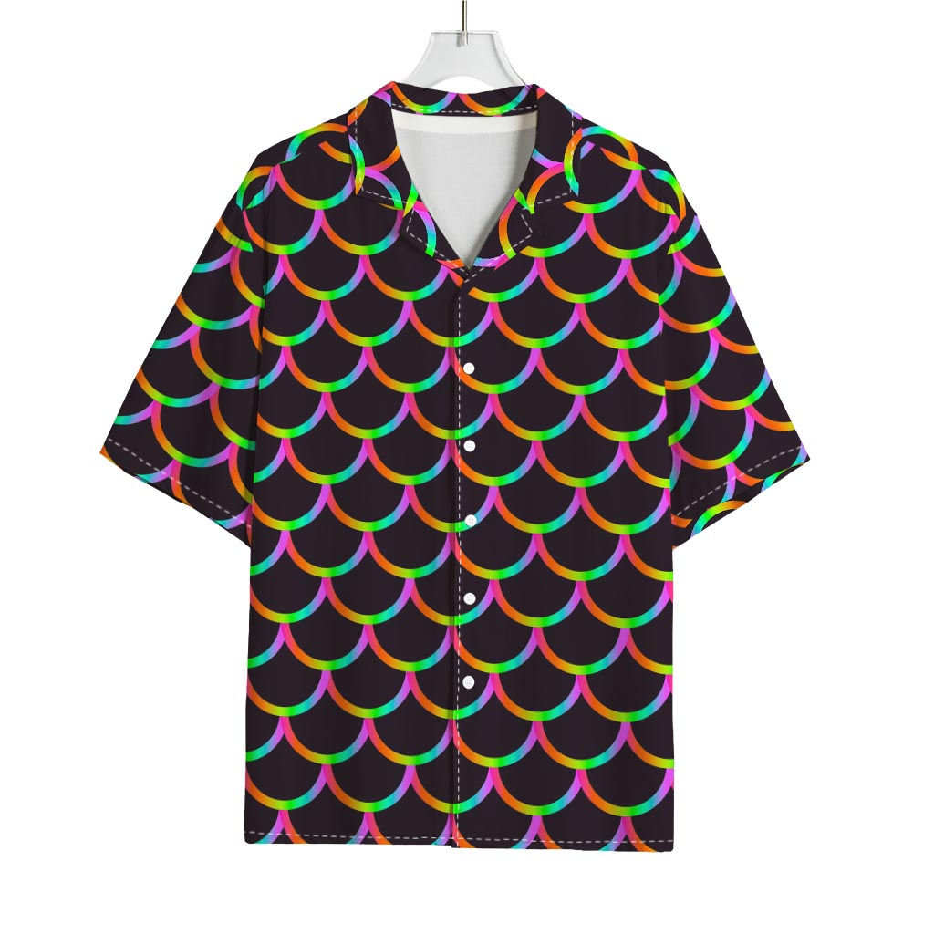 Black Mermaid Scales Pattern Print Rayon Hawaiian Shirt