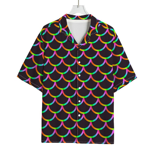 Black Mermaid Scales Pattern Print Rayon Hawaiian Shirt