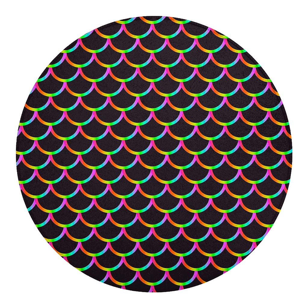 Black Mermaid Scales Pattern Print Round Blanket