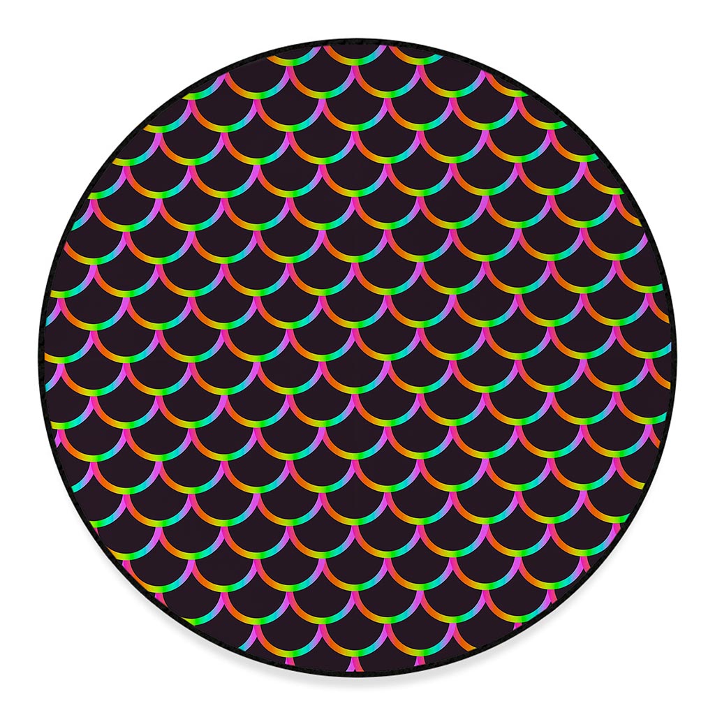 Black Mermaid Scales Pattern Print Round Floor Mat