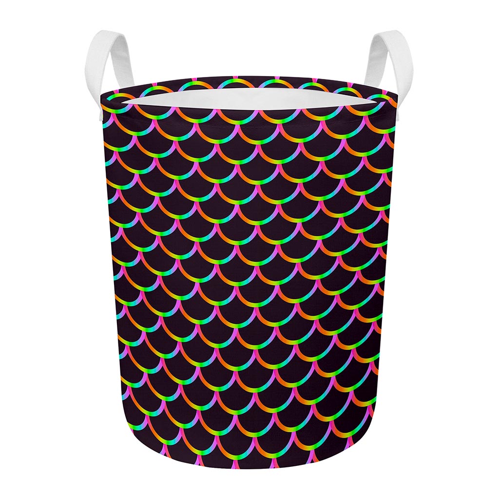 Black Mermaid Scales Pattern Print Round Laundry Basket