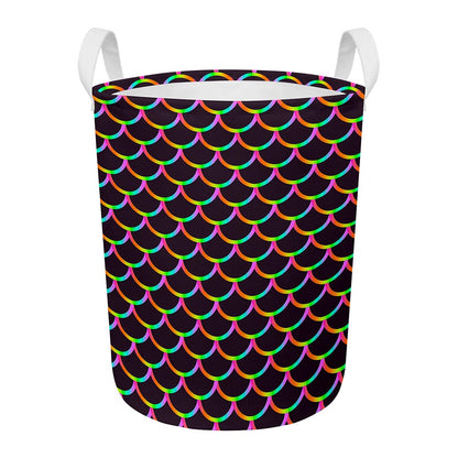 Black Mermaid Scales Pattern Print Round Laundry Basket