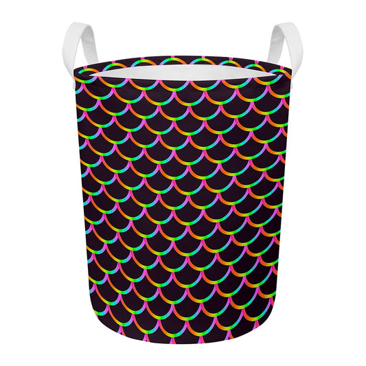 Black Mermaid Scales Pattern Print Round Laundry Basket