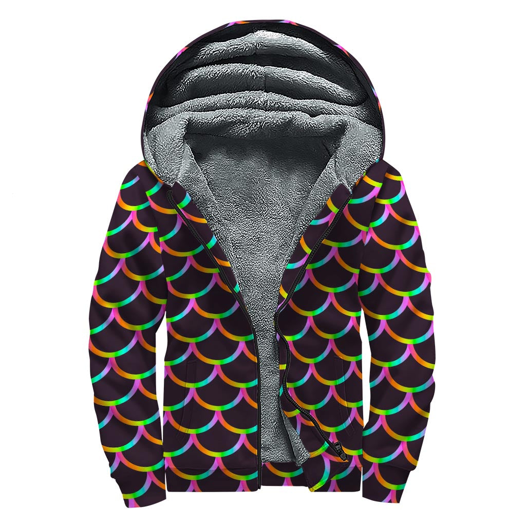 Black Mermaid Scales Pattern Print Sherpa Lined Zip Up Hoodie