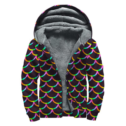 Black Mermaid Scales Pattern Print Sherpa Lined Zip Up Hoodie