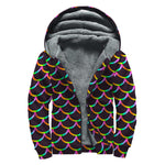 Black Mermaid Scales Pattern Print Sherpa Lined Zip Up Hoodie