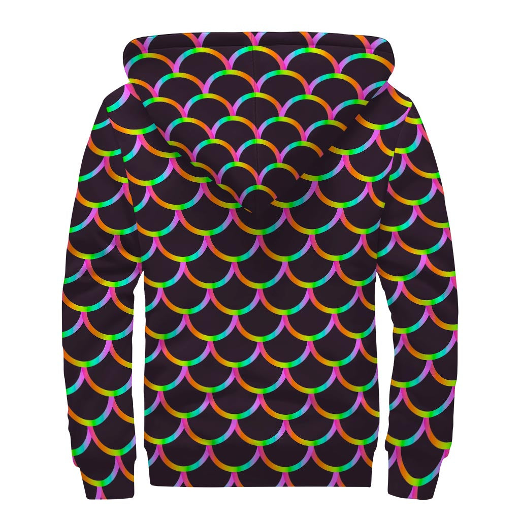Black Mermaid Scales Pattern Print Sherpa Lined Zip Up Hoodie