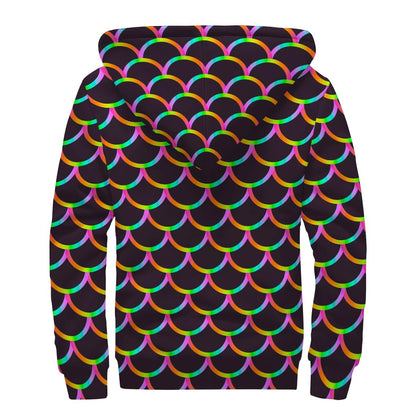 Black Mermaid Scales Pattern Print Sherpa Lined Zip Up Hoodie