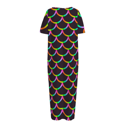 Black Mermaid Scales Pattern Print Short Sleeve Long Nightdress