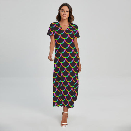 Black Mermaid Scales Pattern Print Short Sleeve Maxi Dress