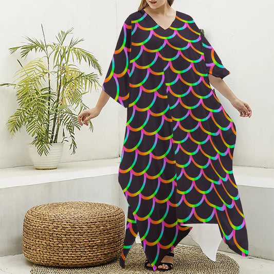 Black Mermaid Scales Pattern Print Silk V-Neck Kaftan Dress