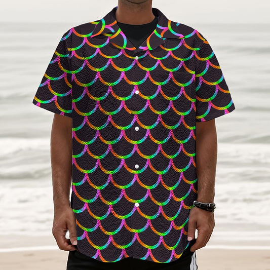 Black Mermaid Scales Pattern Print Textured Short Sleeve Shirt