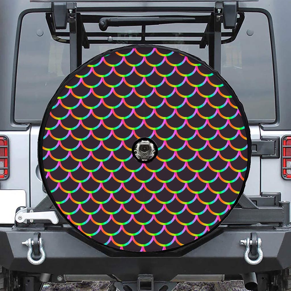 Black Mermaid Scales Pattern Print Tire Cover With Camera Hole