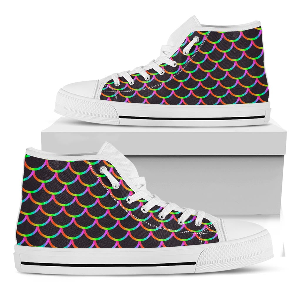 Black Mermaid Scales Pattern Print White High Top Sneakers