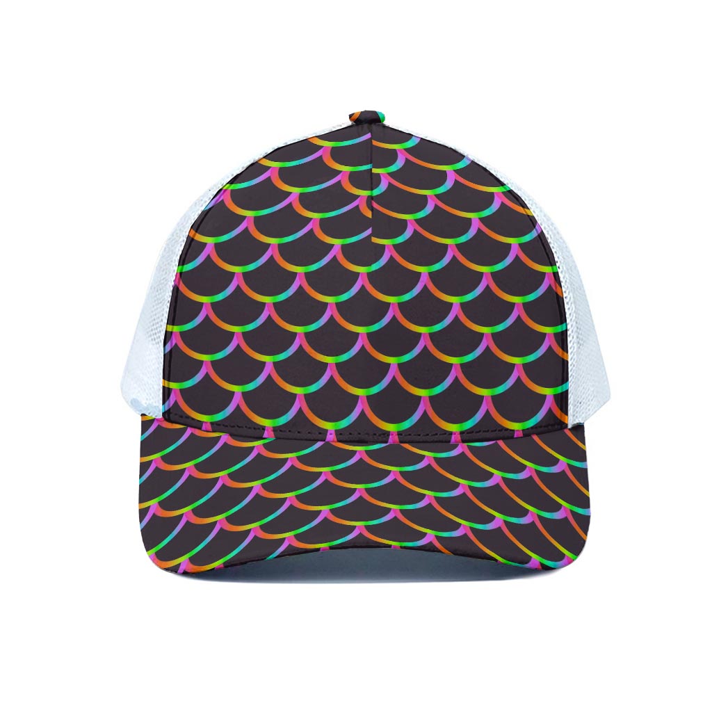 Black Mermaid Scales Pattern Print White Mesh Trucker Cap