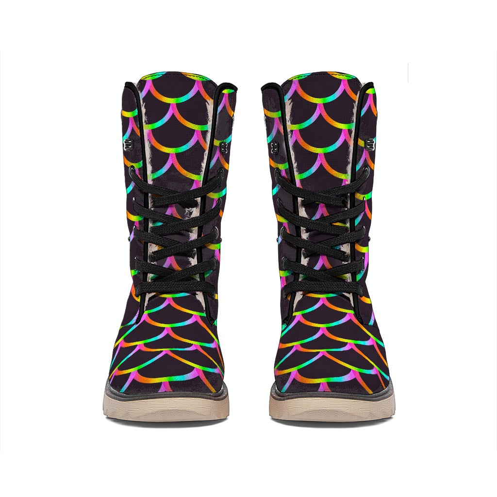 Black Mermaid Scales Pattern Print Winter Boots