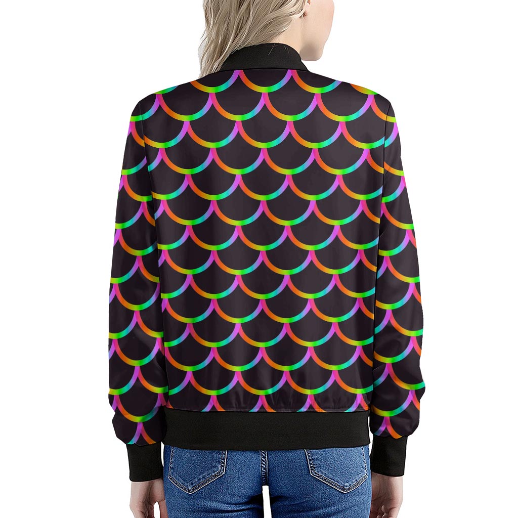 Black Mermaid Scales Pattern Print Women's Bomber Jacket
