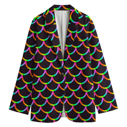 Black Mermaid Scales Pattern Print Women's Cotton Blazer
