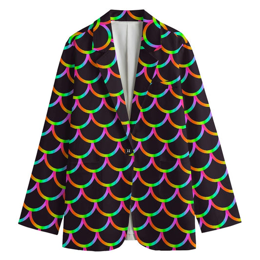 Black Mermaid Scales Pattern Print Women's Cotton Blazer