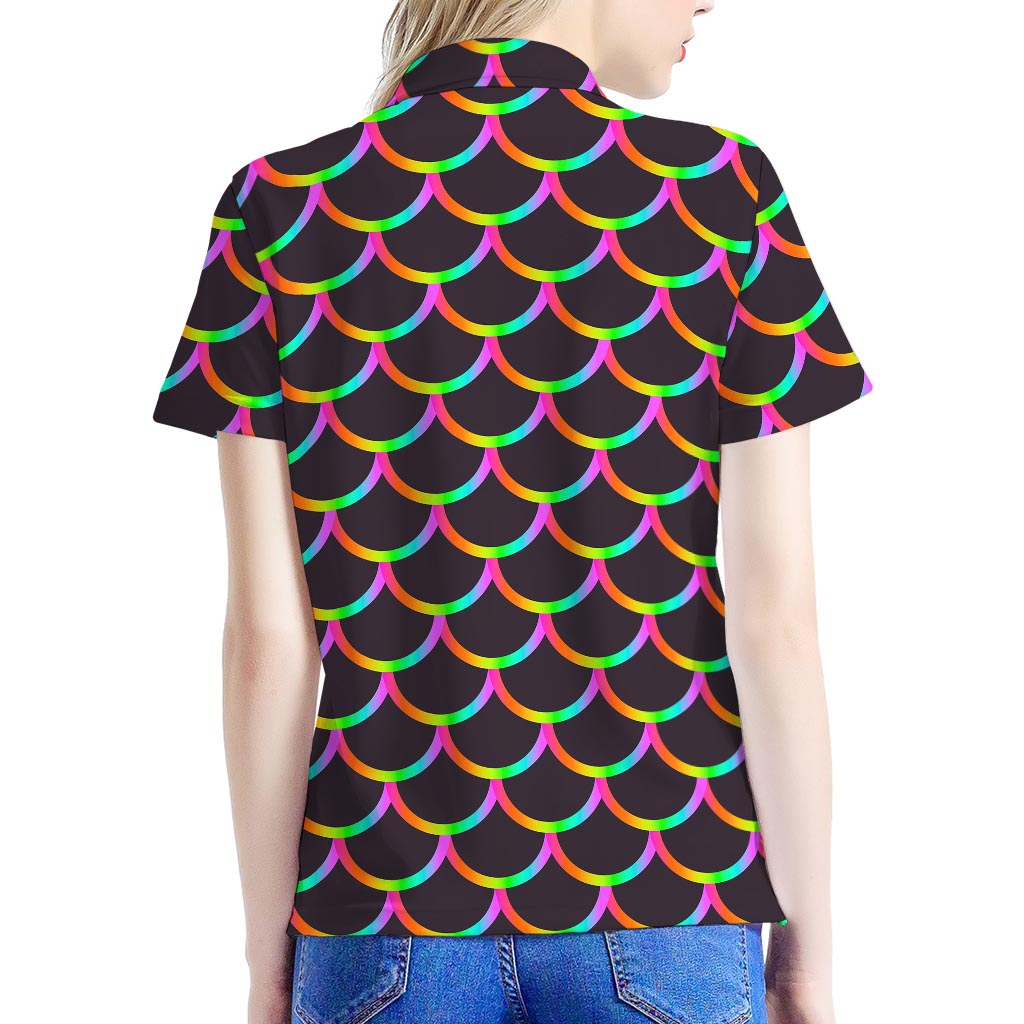 Black Mermaid Scales Pattern Print Women's Polo Shirt