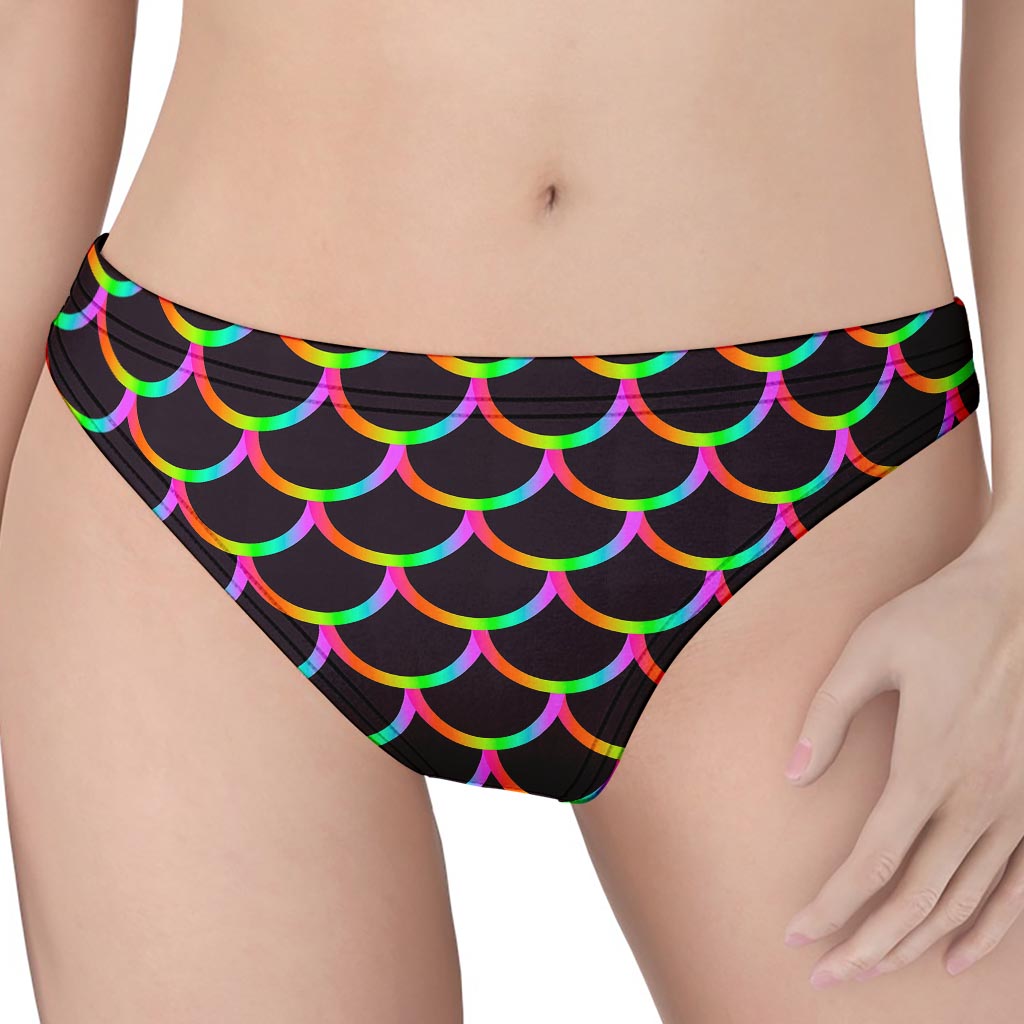 Black Mermaid Scales Pattern Print Women's Thong