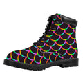 Black Mermaid Scales Pattern Print Padded Collar Lace Up Boots