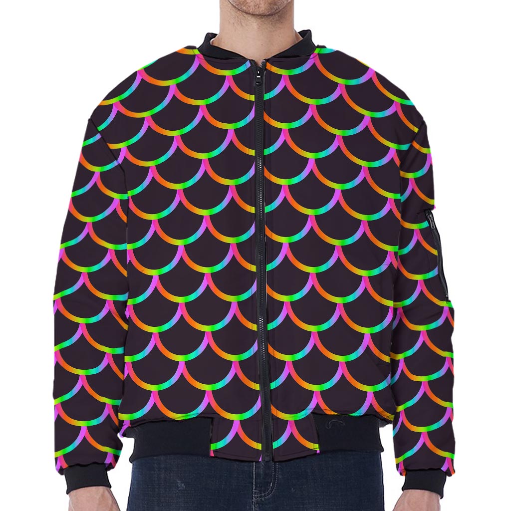 Black Mermaid Scales Pattern Print Zip Sleeve Bomber Jacket