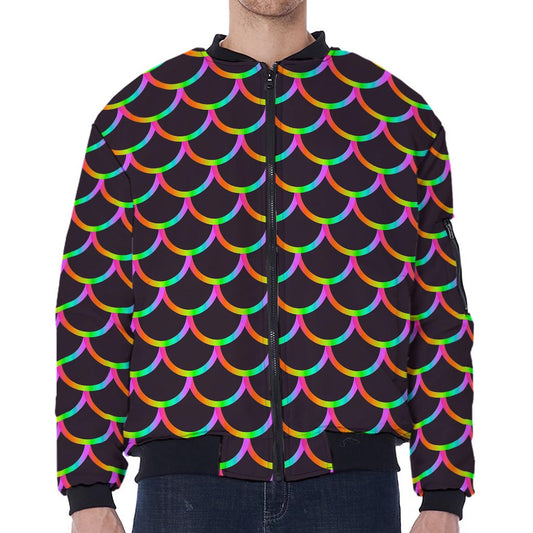 Black Mermaid Scales Pattern Print Zip Sleeve Bomber Jacket