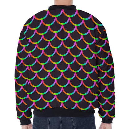 Black Mermaid Scales Pattern Print Zip Sleeve Bomber Jacket