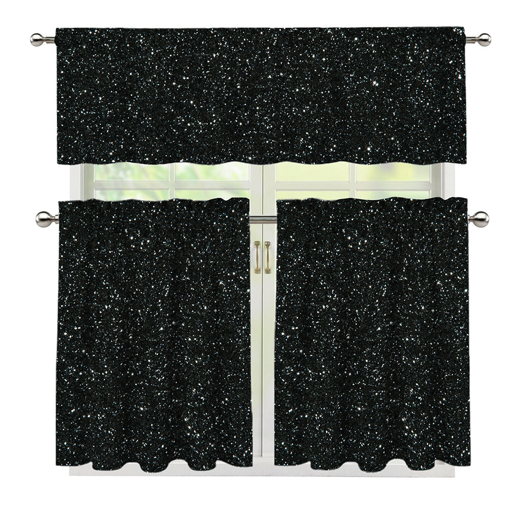 Black (NOT Real) Glitter Print 3 Piece Kitchen Curtains