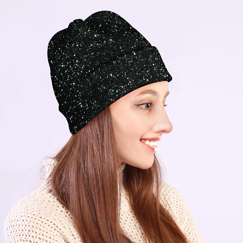Black (NOT Real) Glitter Print Beanie