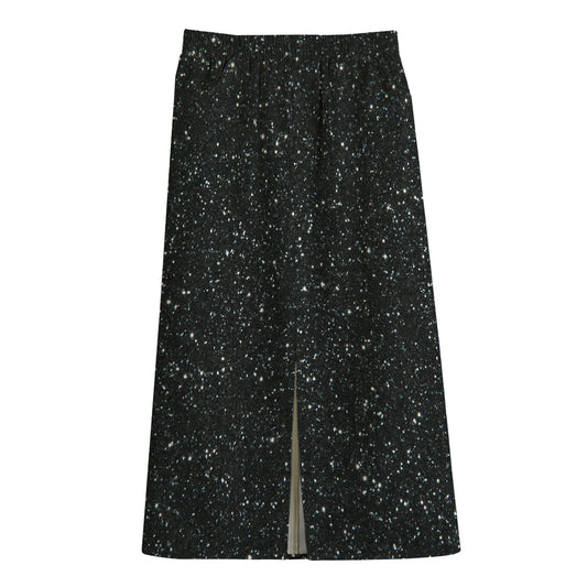 Black (NOT Real) Glitter Print Cotton Front Slit Maxi Skirt