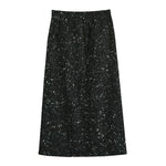 Black (NOT Real) Glitter Print Cotton Front Slit Maxi Skirt