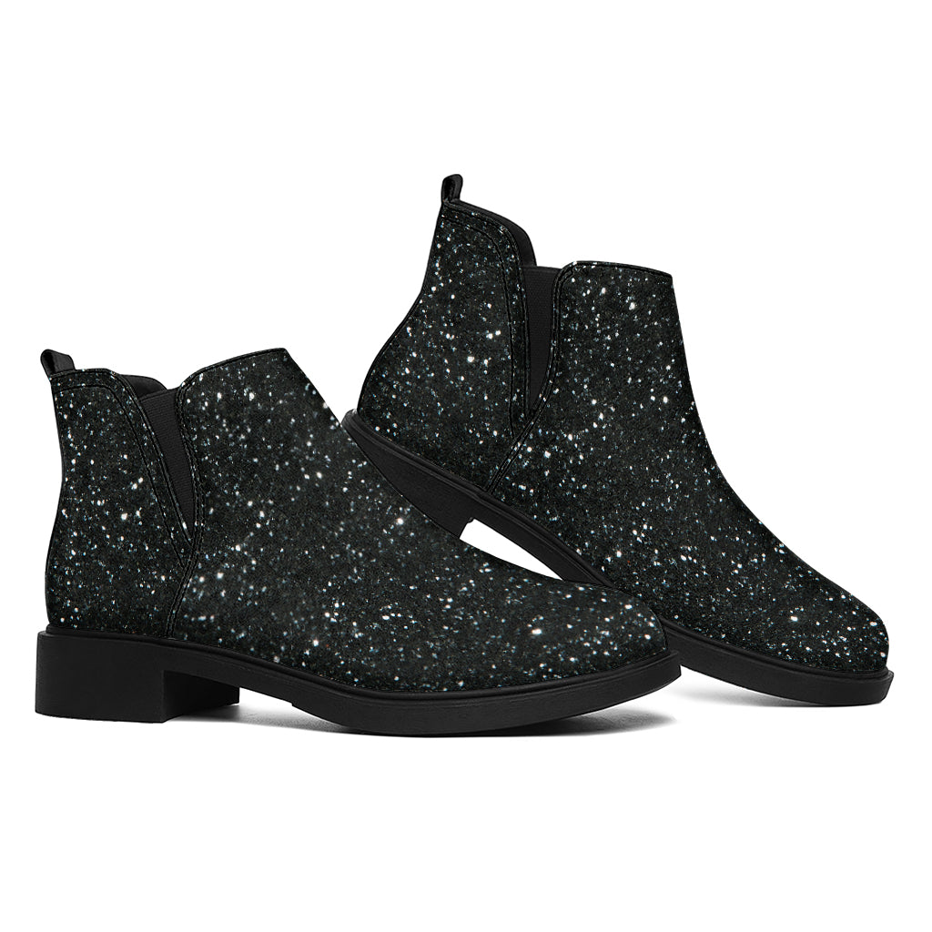 Black (NOT Real) Glitter Print Flat Ankle Boots