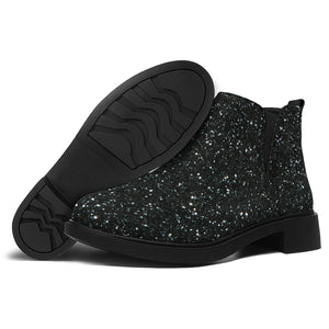 Black (NOT Real) Glitter Print Flat Ankle Boots