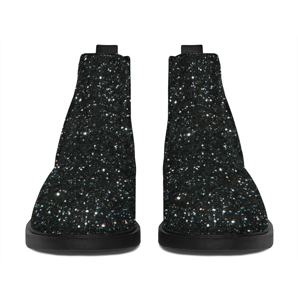 Black (NOT Real) Glitter Print Flat Ankle Boots