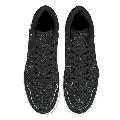 Black (NOT Real) Glitter Print High Top Leather Sneakers
