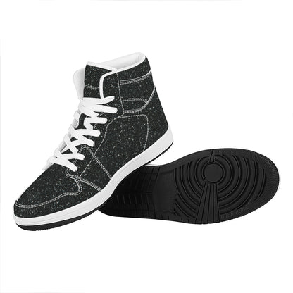 Black (NOT Real) Glitter Print High Top Leather Sneakers