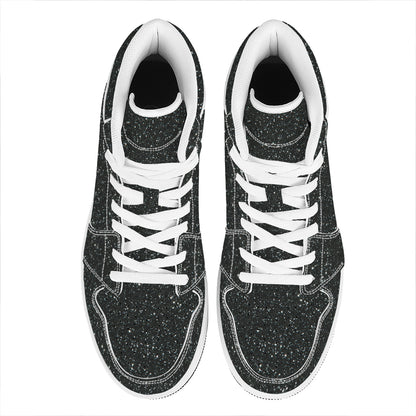 Black (NOT Real) Glitter Print High Top Leather Sneakers