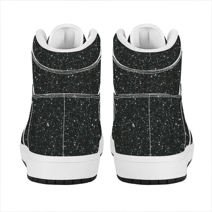 Black (NOT Real) Glitter Print High Top Leather Sneakers