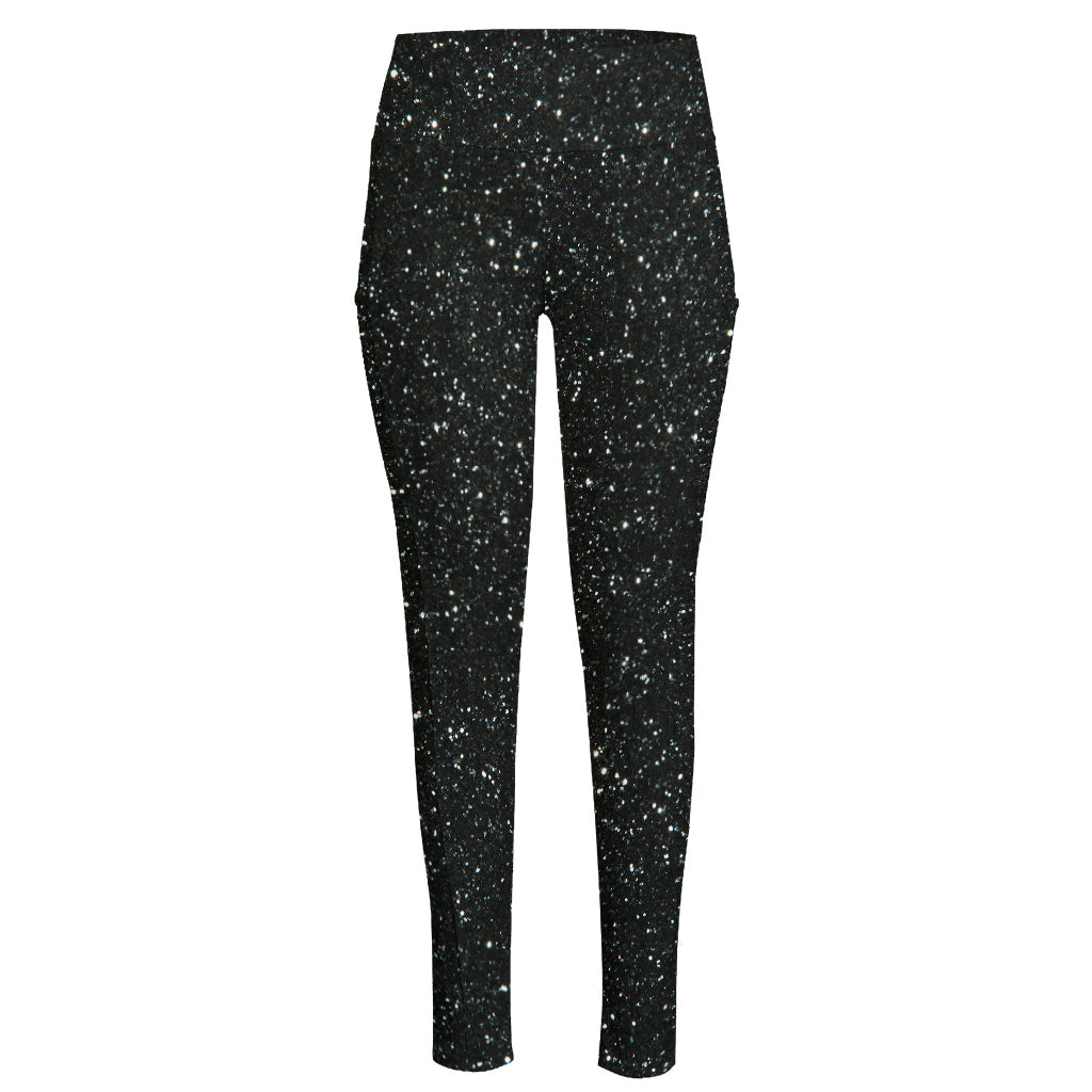 Black (NOT Real) Glitter Print High-Waisted Pocket Leggings