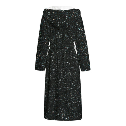 Black (NOT Real) Glitter Print Hooded Bathrobe