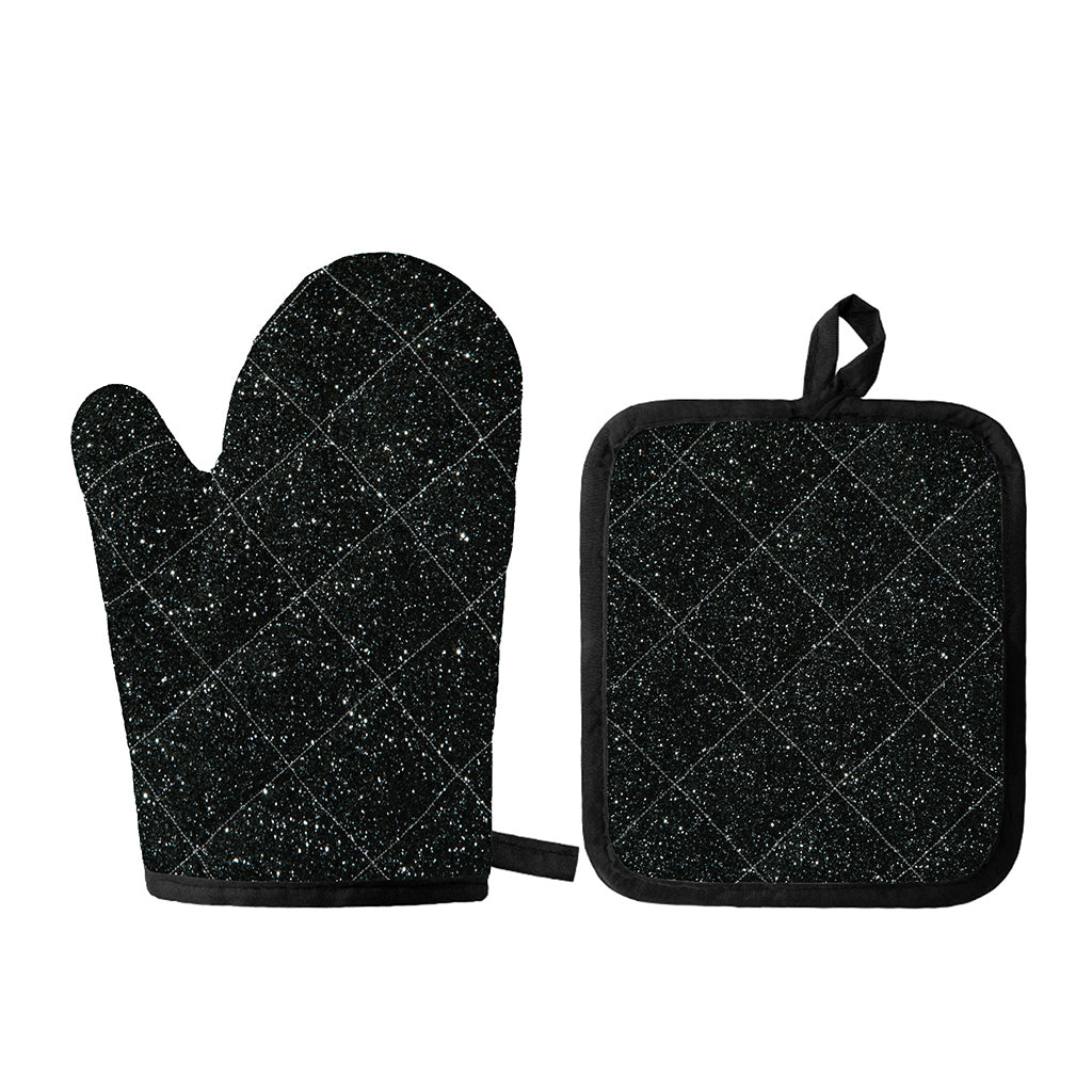 Black (NOT Real) Glitter Print Oven Mitt And Pot Holder Set