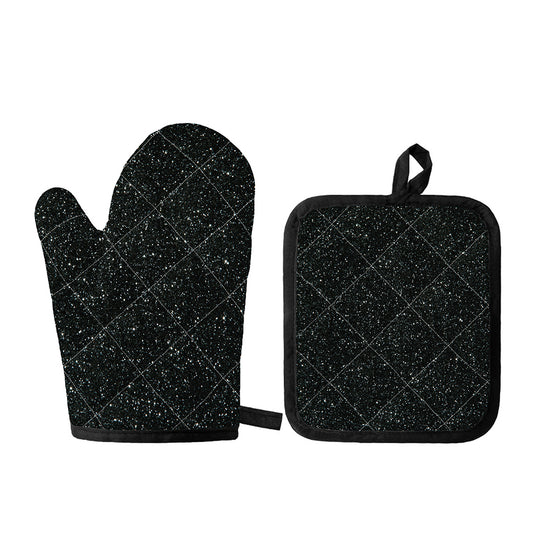 Black (NOT Real) Glitter Print Oven Mitt And Pot Holder Set