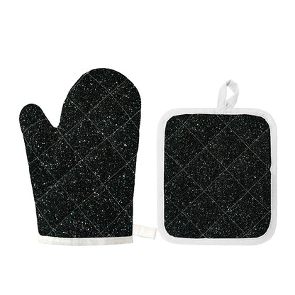 Black (NOT Real) Glitter Print Oven Mitt And Pot Holder Set